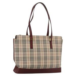 BURBERRY Nova Check Tote Bag Canvas Leather Beige Red gold Auth 111118